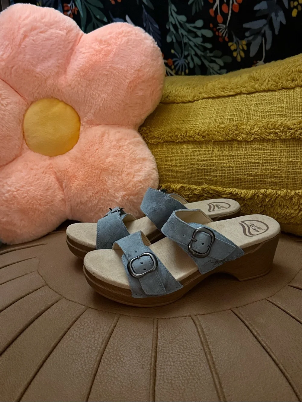 Dansko Sophie Suede Slide Sandals Blue Buckle Wedge Comfort Women’s Size 38